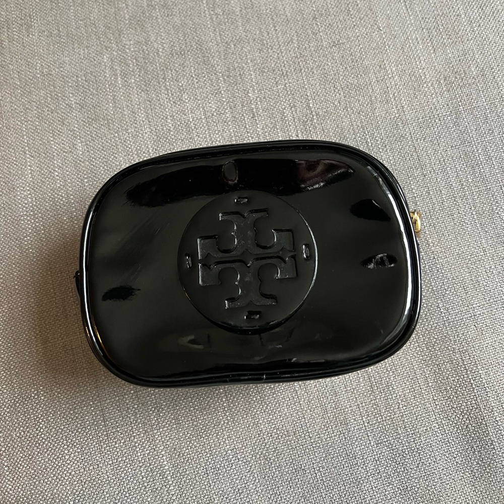 Tory Burch mini cosmetic pouch in patent black